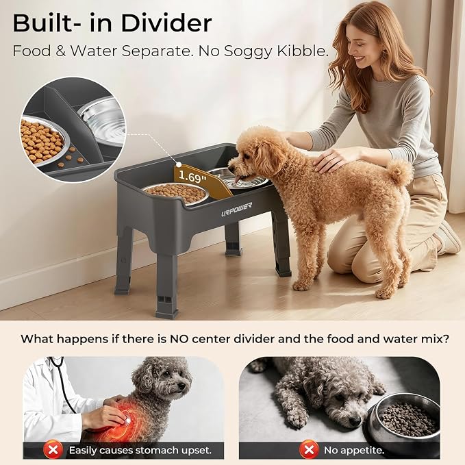 URPOWER Mess Proof Elevated Dog Bowls, Splash Guard Raised Bowl Stand | 4 Adjustable Heights, 2 Stainless Steel Bowls, Food & Water Separation, Non-Slip Base, Foldable Design for Small Dogs - Image 5