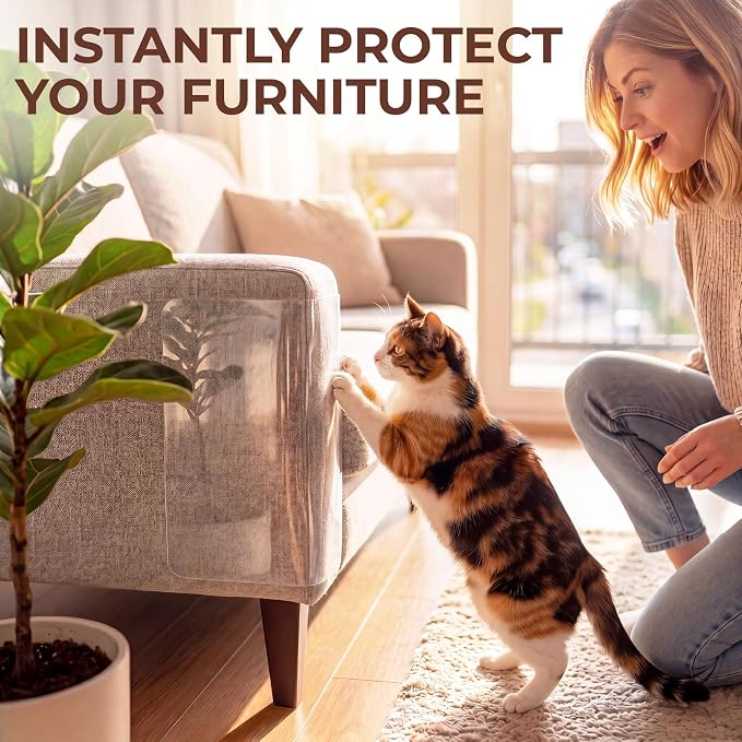 Cat Scratch Furniture Protector, 12 Pack Self Adhesive Tape, Heavy Duty Flexible Corner Guards for Couch, Sofa, Doors, Walls, Chairs, Armrests, No Residue, No Pins, Cat Scratch Protection Kit - Image 2