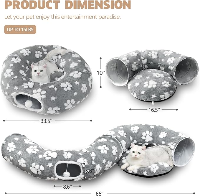 Cute Round Cat Tunnel for Indoor Cats, Grey | Peekaboo Cave with Dangling Balls, Pet Donut Tunnel Bed with Circle Mat for Puppy Kitten Rabbit - Image 6