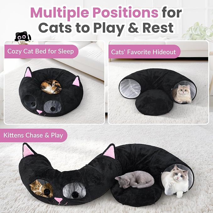 Baseola Fuzzy Cat Tunnel Bed for Indoor Cats, 2-in-1 Interactive Cat Toys | Peekaboo Cat Cave with Washable Mat, Collapsible Cat Play Tunnel for Kittens & Small Pets, Cat Donut Bed Tunnel, Black Pink - Image 2