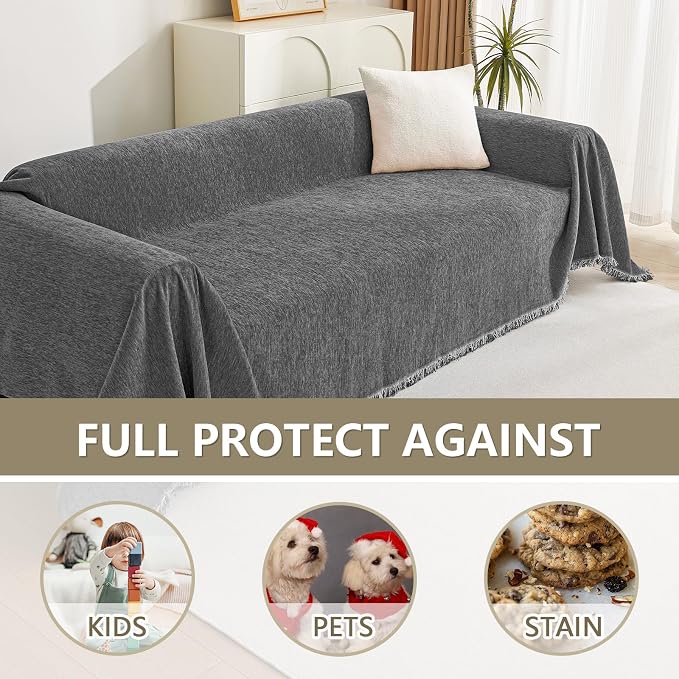 MYSKY HOME Boho Couch Cover Charcoal Gray Sofa Covers with Tassel Farmhouse Sofa Slipcover Simple Couch Protector for Dogs Chenille Sectional Couch Covers L Shaped Couch Cushion Covers, 91"x 134" - Image 3