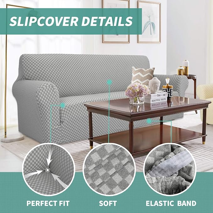 YEMYHOM Couch Cover Latest Jacquard Design High Stretch Sofa Covers for 3 Cushion Couch, Pet Dog Cat Proof Slipcover Non Slip Magic Elastic Furniture Protector (Large, Light Gray Checkered) - Image 3