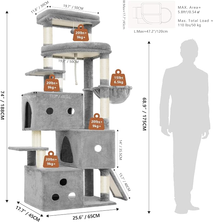 Heybly Cat Tree, 74-Inch Streamlined Cat Tower for Large Cats HCT061W | Cat Furniture with 3-Tier Stacked Condos, Large Perch, Sturdy Base, Full Sisal Scratching Posts & Ramp, Light Gray - Image 7