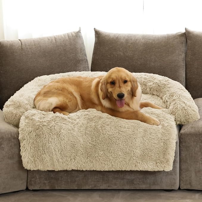 Calming Dog Bed Fluffy Plush Dog Mat for Furniture Protector with Removable Washable Cover for Large Medium Small Dogs and Cats (Extra Large (53x39.3x6), Beige) by GGIB
