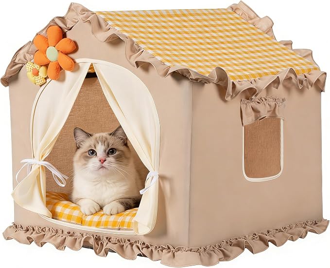 Yellow Indoor Cat House with Frame Foldable Breathable for Small Dog | Princess Style, Washable & Removable Cover, Dog House Indoor, Cute Cat Tent with Cover Cave,Medium:17"x17"x17" for 8-20 lb by SEIMMIE