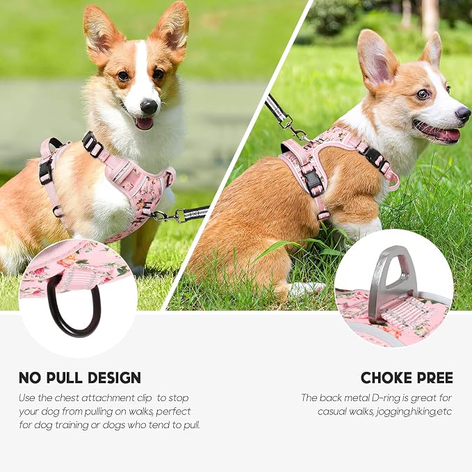 Timos Small Dog Harness, No Pull No Choke, Easy On & Off, Flower Pink, XS | Adjustable Reflective Soft Padded, Neck Quick Release with 3 Buckles, Front & Back 2 Clips and Handle for Walking Training - Image 3
