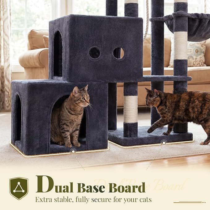 Hey-brother Cat Tree Tower with Steped Climbing Condos, Platforms, MPJ061G | 51.2 Inches Scratching Posts with 2 Spacious Condos, Self-Grooming Brush, Cozy Basket, Balls for Indoor Cats, Smoky Gray - Image 4