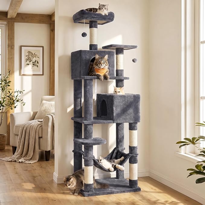 Feandrea Cat Tree, 73.2-Inch Tall Cat Tower, Plush Multi-Level Condo with 5 Scratching Posts, 2 Perches, 2 Caves, Hammock, 2 Pompoms, Smoky Gray UPCT191G01 - Image 2