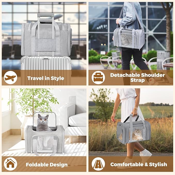 Cat Carrier Soft Up to 16 Lbs, Breathable Pet Travel Bag with Steel Frame | Lockable Zippers, Fits Small Dog, Kitten, and Rabbit,Medium Travel Carrying Case for Kennel Car Airline Transport，Grey - Image 7