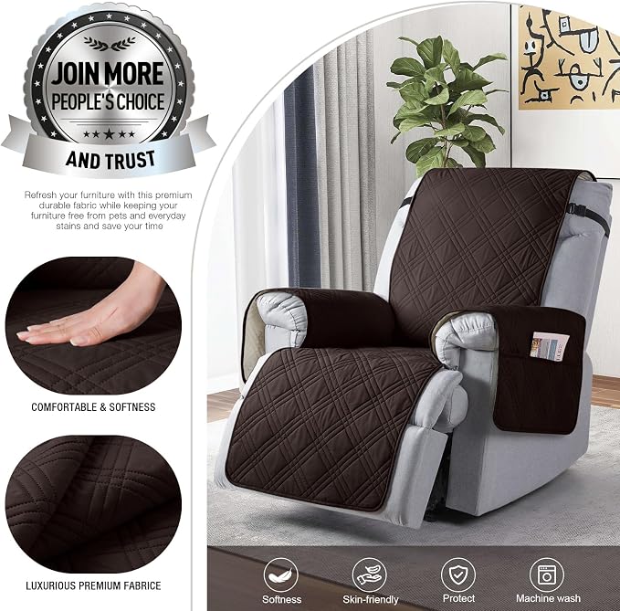 TAOCOCO 100% Waterproof Recliner Chair Covers, Non Slip Recliner Covers for Recliner Chair with Pocket, Washable Reclining Chair Cover Furniture Protector for Kids,Dogs(22'', Coffee) - Image 3