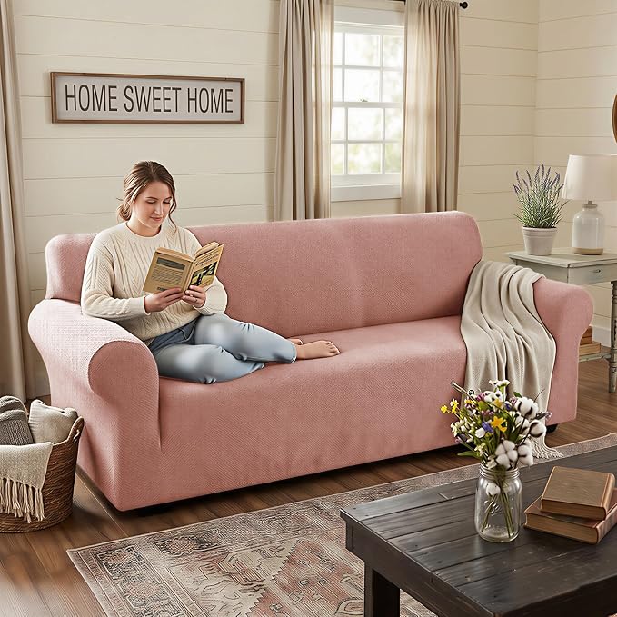 XINEAGE Stretch Jacquard Sofa Cover, Non Slip Sofa Slipcover for Dog | High-Stretch Fabric. Wear-Resistant, Pet Friendly. Easy Install & Washable for Living Rooms, Offices.Dusty Pink - Image 3