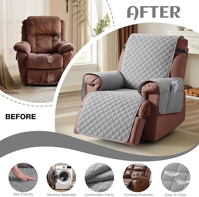 KinCam 100% Waterproof Recliner Chair Covers Washable, 23.6", Light Gray | Anti Slip Reclining Couch Covers for Pets Dog, Recliner Sofa Slipcover Storage Pocket, Furniture Protector with Elastic Strap - Image 6
