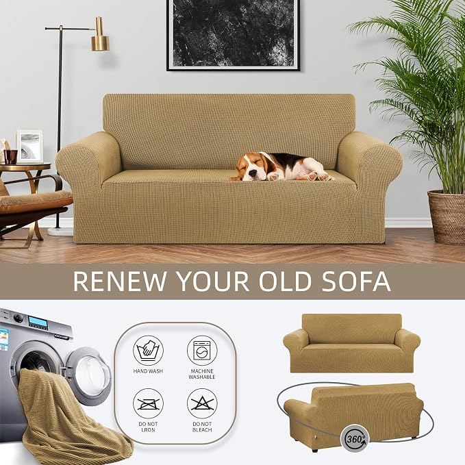 KEKUOU Stretch Loveseat Couch Cover, 2 Cushion Couch Slipcover,Tan | 1-Piece Washable Sofa Cover Pet Friendly (55"-78") Furniture Protector Soft Jacquard, Elastic Bottom for Dogs & Kids - Image 3