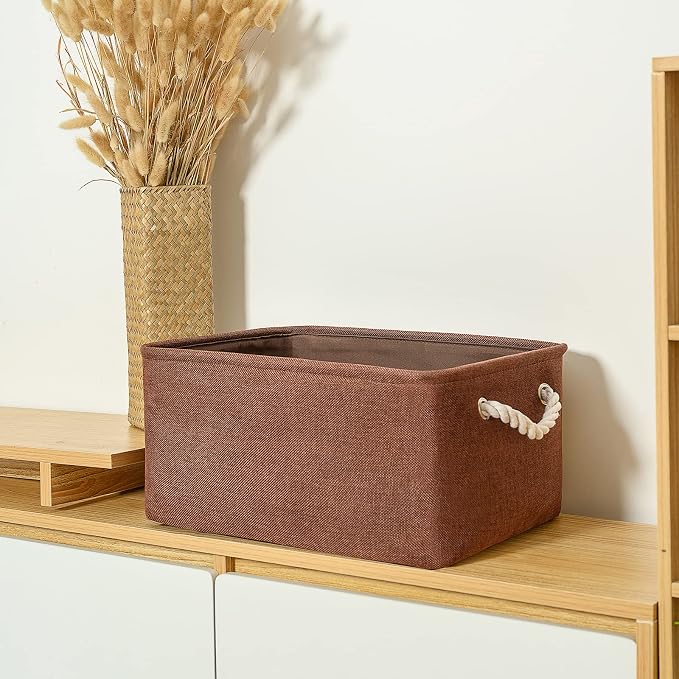 TheWarmHome Decorative Basket Rectangular Fabric Storage Bin Organizer Basket with Handles for Clothes Storage (Brown,Large-3Pack,15.7L*11.8W*8.3H) - Image 3