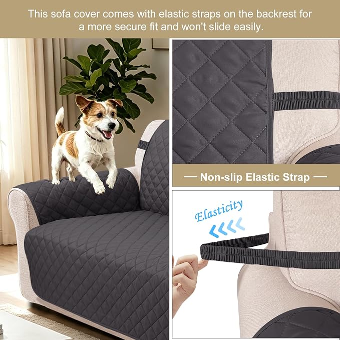 Reversible Couch Cover for 3 Cushion, Sofa, Dark Grey | Couch Cover for Sofa, Pet Friendly Water Repellent Couch Sofa Cover, Washable Furniture Protector with Elastic Straps - Image 5