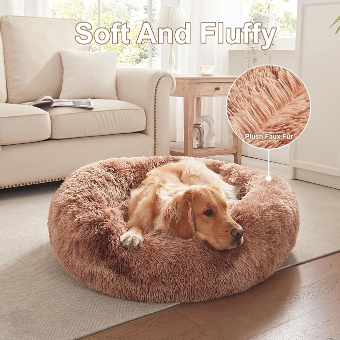 36 in Faux Fur Fluffy Donut Dog Bed for Large Dogs,Tie-dye Brown | Calming Plush Round Pet Bed with Removable & Washable Cover,Fits up to 80 lbs Pets - Image 4