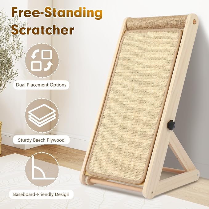 Sisal Cat Scratcher, 21 in Wooden Cat Scratching Board, 3 Spare Changeable Pads,Vertical cat Scratcher, cat Scratch Post for Indoor Cats - Wood Color - Image 3