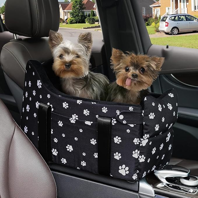 Center Console Dog Car Seat for Medium Dogs, Black | Anti-Collapse Armrest Booster, Soft Cushion, Safety Belt by HANMEIANINC