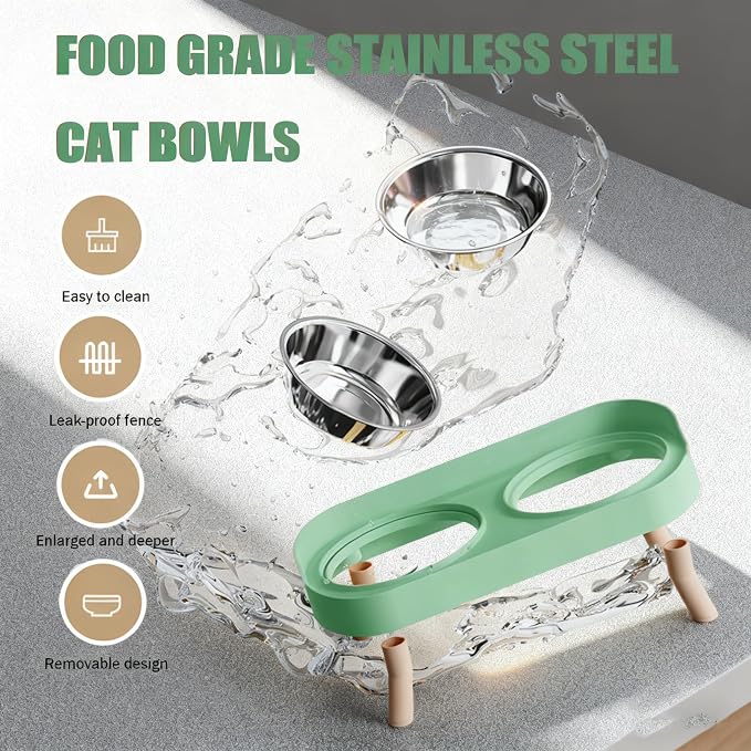 Elevated Cat Bowls, 2 Stainless Steel Raised Cat Food and Water Bowl Set, Splash Proof & Non-Slip, Whisker Fatigue Friendly, Dishwasher Safe for Cats and Small Dogs - Green - Image 4