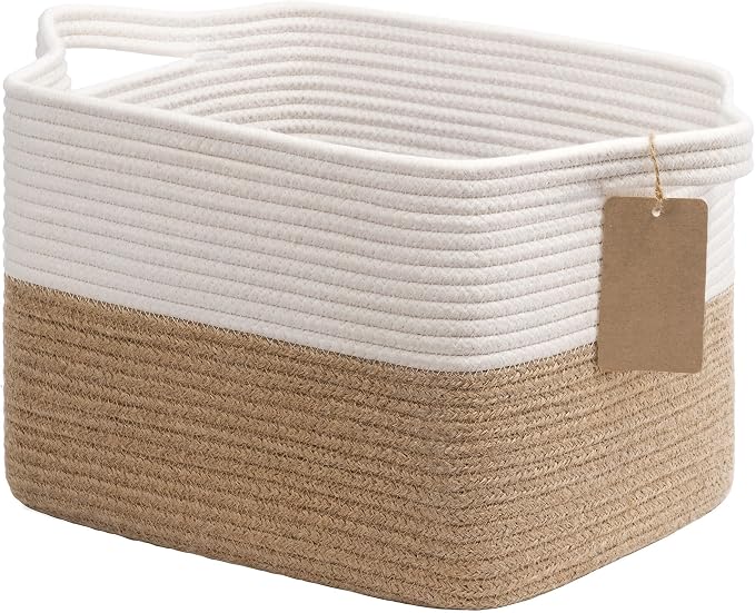 Goodpick Woven Rope Storage Basket for Shelves, Rectangle, Jute | 13" × 10" × 9" Stylish Gift Basket for Bedroom & Living Room Organization, Fits Toys & Pet Supplies Storage, Writable Label by Goodpick