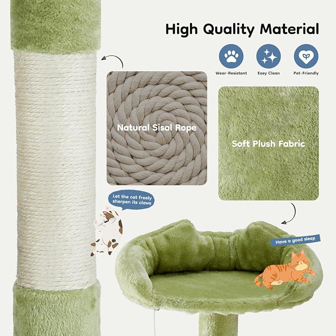 DUMOS 54-inch Cat Tree Tower with Scratching Posts, Indoor Use | Multi-Level Pet House for Large Cats with 2 Condos, Round Platform, Small Ladder and Toys, Green - Image 5