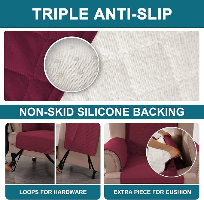 Turquoize 100% Waterproof Wing Chair Cover Wing Armchair Slipcovers Chair Couch Protector Triple Non-Slip Sofa Slipcover for Wing Chair Furniture Protector for Pets, Kids,Dog (Wing Chair, Burgundy) - Image 4