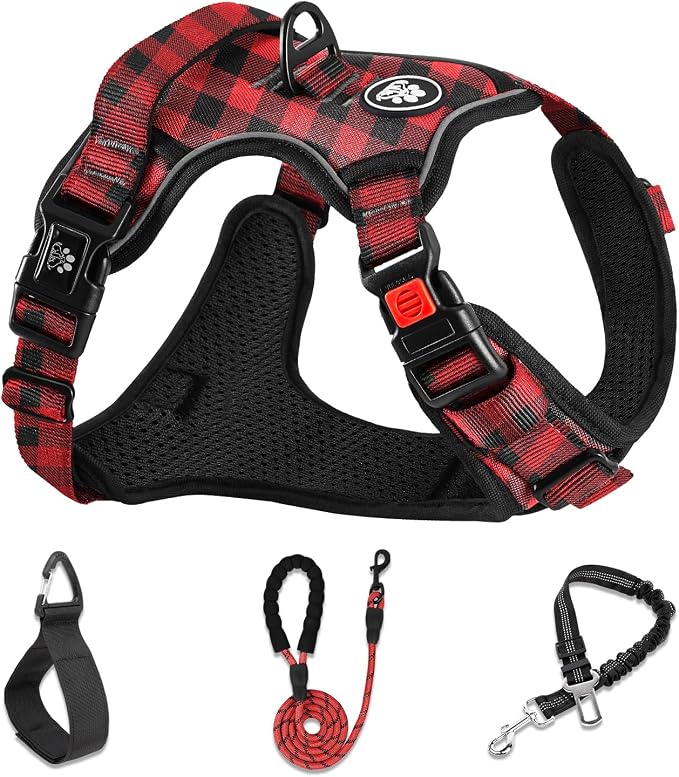 NESTROAD No Pull Dog Harness with Leash, Reflective No Choke Pet Vest Harness,Adjustable Soft Padded Dog Harness with Easy Control Handle for Large Dogs(Checkered Red,Large) by NESTROAD