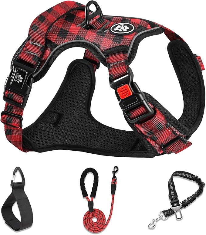 NESTROAD No Pull Dog Harness with Leash, Reflective No Choke Pet Vest Harness,Adjustable Soft Padded Dog Harness with Easy Control Handle for Medium Dogs(Checkered Red,Medium) by NESTROAD