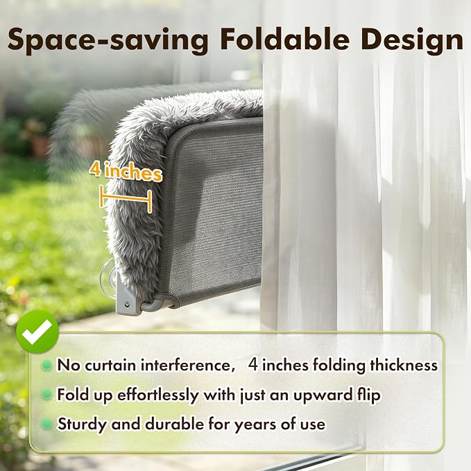 Zoratoo Foldable Cat Window Perch, Widened Cushion Cat Bed for Large Cats | L-Grey, Extra-Thick and Fluffy Bolster, Large Lying Space, Machine Washable, Cat Window Hammock with Sturdy Metal Frame - Image 3