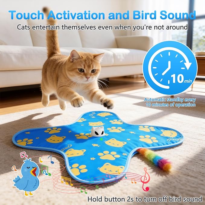 Interactive Cat Toys for Indoor Cats, Rechargeable Hide & Seek Toy | Touch Activated, 3 Speed Modes, 10-Min Auto off, Bird Chirps(can turn off), Hidden Feather Wand for Bored Adult Cats, Blue - Image 3