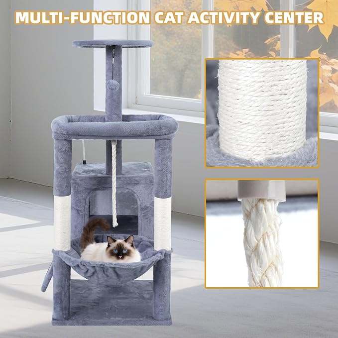 TWDEPART 37.5" All-in-One Cat Tree Tower with Scratching Board & Posts Cozy Sleeping Perch Hammock and Toy Balls,Grey - Image 7