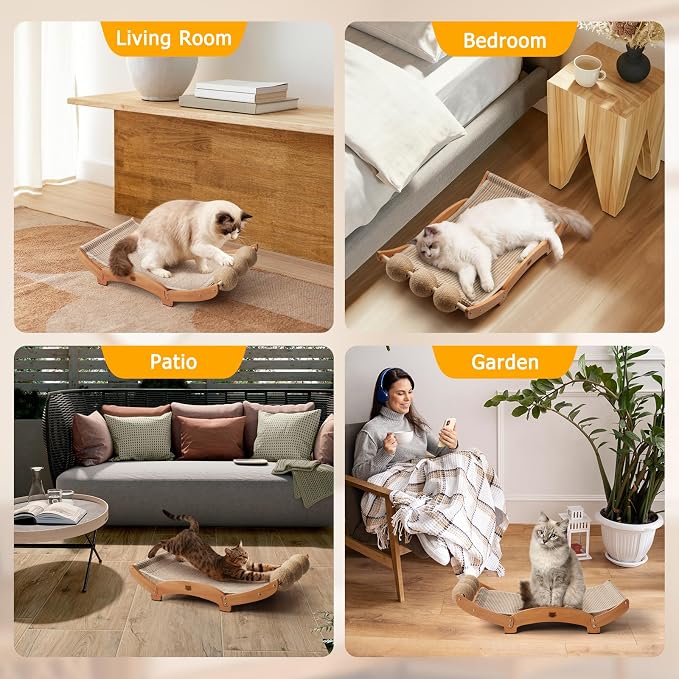 3 in 1 Sisal Cat Scratcher Bed, Solid Pine Cat Scratcher with Balls (Wood) | Extra Large Cat Scratching Post with Hammock, Cat Scratcher for Scratch & Play & Rest, Cat Furniture for Indoor Cats, Kitten - Image 8