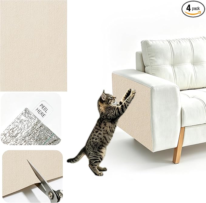 4Pcs Khaki Cat Scratch Protector,11.8"x15.8" 4mm Scratch Pad for Cats | Trimable Cat Scratchers for Indoor Cats, Easy Peel Tab Self-Adhesive Guards for Couch Sofa Wall Cat Tree & Cat Wall Furniture by Unknown