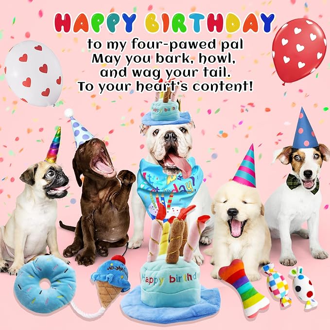lilfrd 9Pcs Blue Dog Birthday Toy Set, Squeaky Hat Bandana Gift for Dogs | Birthday Gift Pack, Soft Plush, Small Medium Puppy Friendly - Image 2