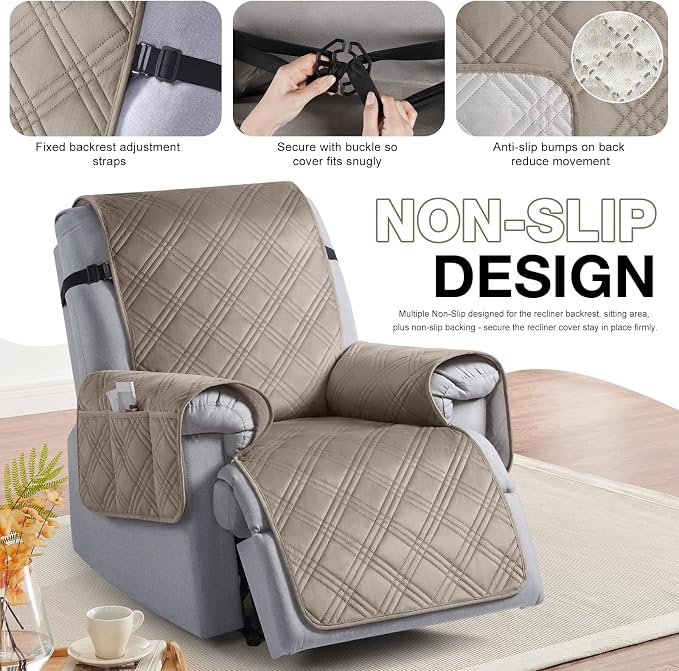 TAOCOCO 100% Waterproof Recliner Chair Cover, Recliner Covers for Recliner Chair with Pocket, Non Slip Reclining Chair Cover Furniture Protector for Kids, Pets(30'', Light Taupe-Velvet) - Image 6