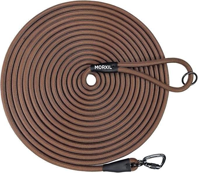 Long Dog Leash, 10ft 30ft 50 feet Heavy Duty Dog Training Leash, Aviation Aluminum Auto Locking Carabiner, Nylon Rope Long Line Check Cord Recall Lead for Yard,Playing,Camping,Brown,50FT by MORXIL