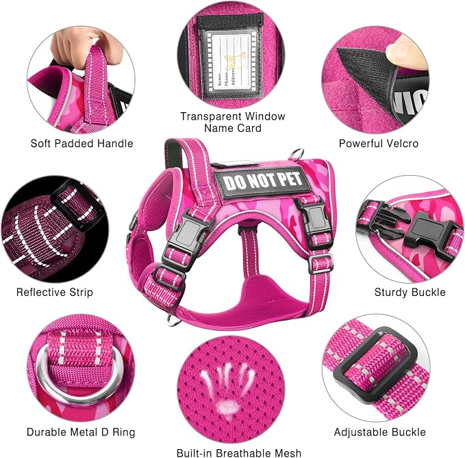 Tactical Dog Harness and Leash Set with 10 Patches for Large Dogs | Heavy Duty No Pull Service Dog Vest with Dog Seat Belt ,Adjustable Reflective Easy Walk for Training Hiking Camo Pink XL - Image 6