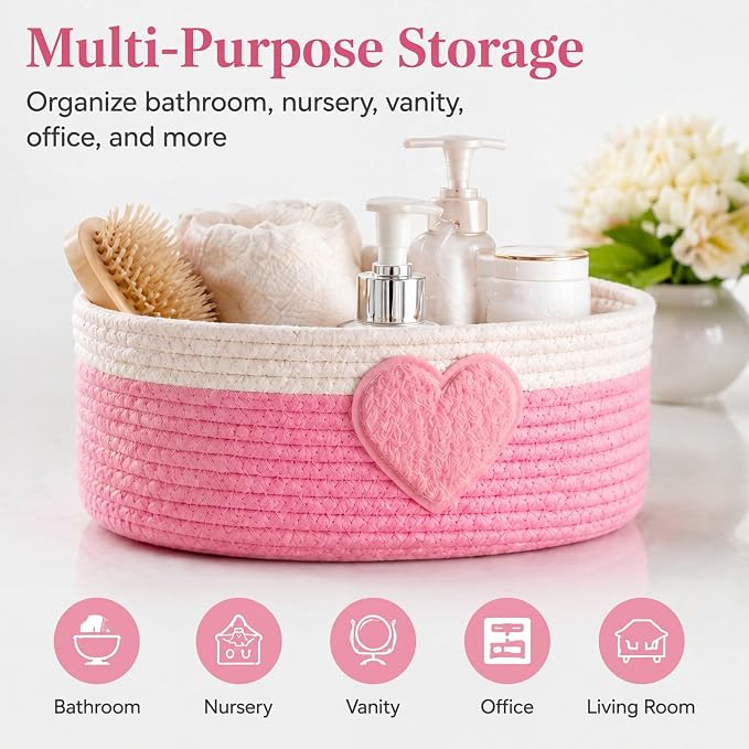 Geelin 3 Pcs Pink Heart Baskets for Gifts, Woven Rope Storage Bins | Rope Design with Heart Decor, Great for Bedroom Shelf Organizing, Nursery Toys, Laundry, Oval 11.8"x7.8"x4.7" - Image 4