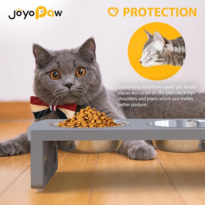 Elevated Dog Bowls, Bamboo Raised Dog Bowl for Small Dogs & Cats, with 2 Stainless Steel Bowls (4'' Tall-20oz Bowl, Grey) - Image 5