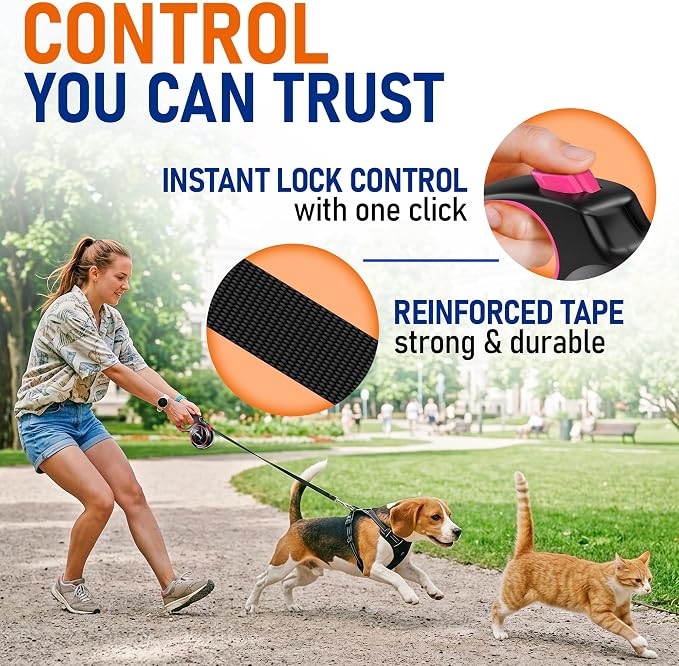 20.1 ft Retractable Dog Leash for Dogs 10–100 lbs - Heavy Duty Tape Leash with Strong Nylon Tape - 360° Swivel Control - One-Click Brake & Lock - Ergonomic Non-Slip Grip for Safe & Easy Daily Walks PK - Image 5