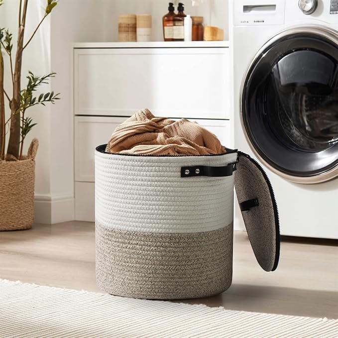 Storage Basket with Lid, 18"x14" Large Woven Blanket Storage for Living Room, Round Cotton Rope Bin with Zipper Top, Shoe Basket with Lid for Entryway, Floor Kids Dog Toy Bin Box with Cover - Image 4