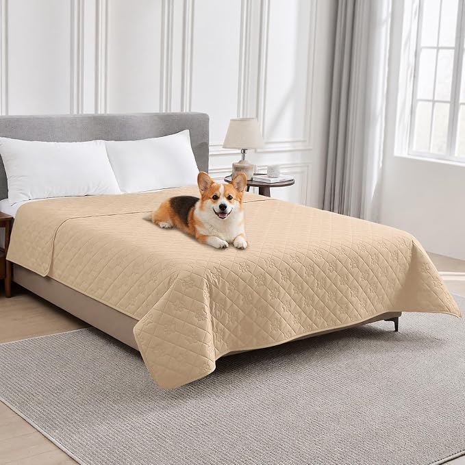 PAWFINITY Waterproof Bed Cover for Dogs, Pet Blanket for Mattress Washable | Paw Print Quilted, Hair Resistant, Anti Cat Scratch, Pee Proof Furniture Protector for Bed, Couch and Sofa, 52x82 Inch, Beige by Pawfinity