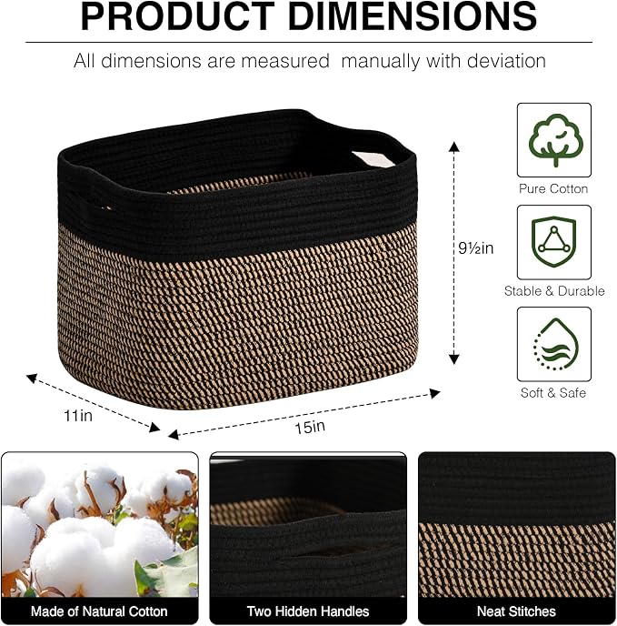 ICERZCZ Woven Cotton Rope Storage Basket for Organizing, Cute Decorative Baskets for Gifts Empty, Organizer Bins for Dog Toy, Baby Laundry, 15“×11”×9.5“, Jute & Black - Image 2