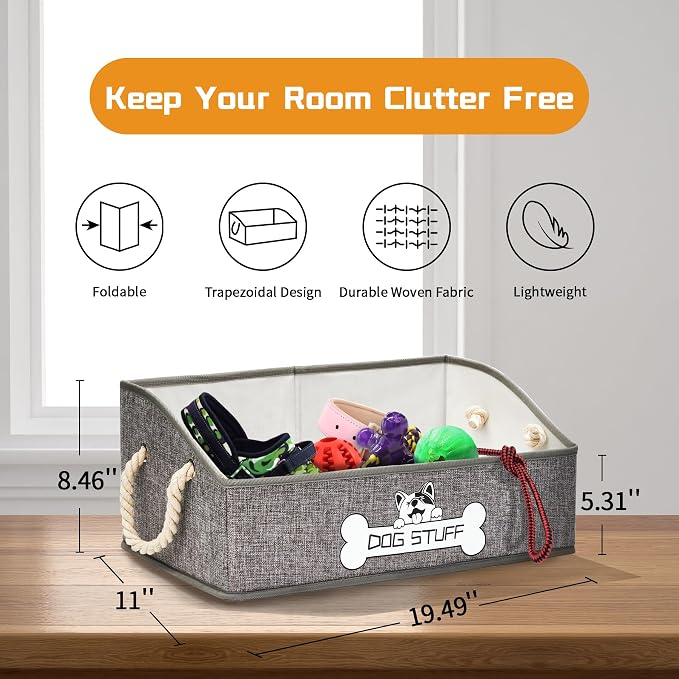 Dog Toy Basket, Storage Bin, Collapsible Box for Pet Accessories | Fabric Container With Handle, Trapezoid Holder for Small Medium dogs, Organizer for Living Room, Gray - Image 2
