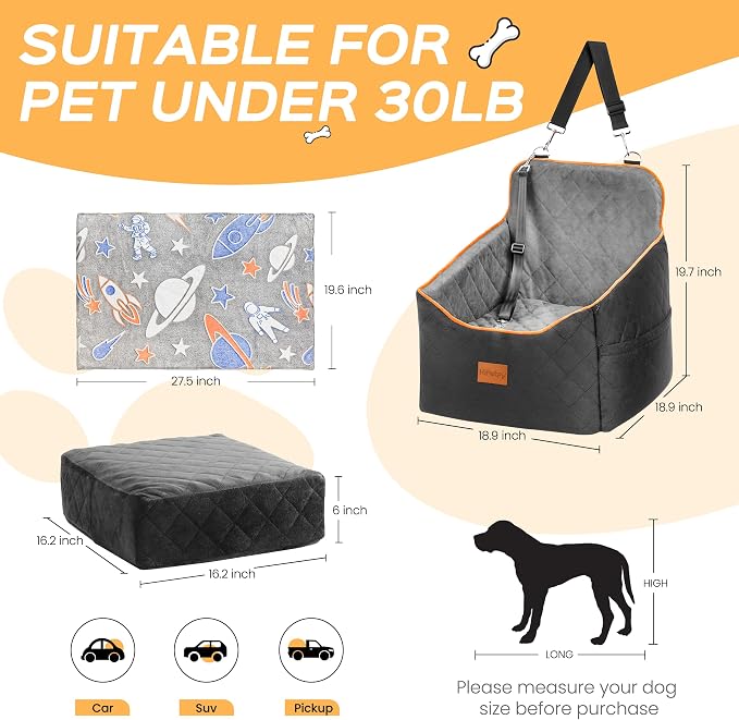 HiPetpy Dog Car Seat 6" Elevated Memory Foam Booster Seat for Small Medium Dogs Under 35 lbs with Pet Blanket, Washable Pet Car Seat with Safety Leash, Anti-Slip Base and Storage Pockets - Image 7