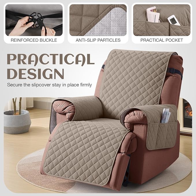 KinCam 100% Waterproof Recliner Chair Covers Washable, 23.6", Taupe | Anti Slip Reclining Couch Covers for Pets Dog, Recliner Sofa Slipcover Storage Pocket, Furniture Protector with Elastic Strap - Image 5