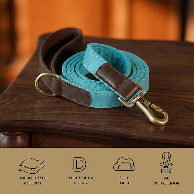 PU Leather Dog Leash for Large Dogs, 6ft Padded Handle, Light Blue | Comfortable Grip for Daily Walking Training, Full Control, Metal D-ring, Tangle-Free 360° Swivel Clasp, Easy to Clean, 1 inch - Image 4