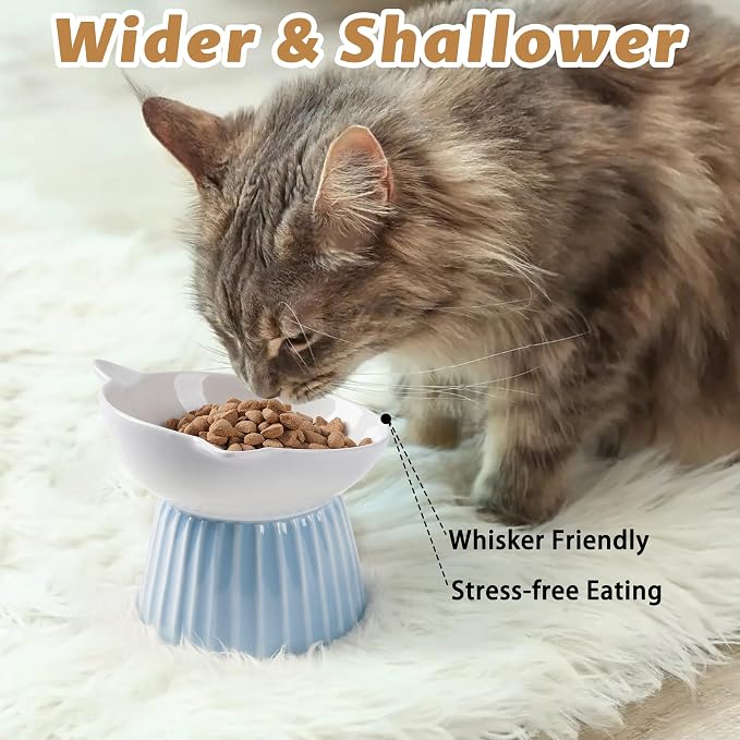 Ceramic Raised Cat Bowl，Tilted Raised Cat Bowl Anti Vomit Cat Bowls for Indoor Cats Whisker Friendly Pet Feeder for Cats Puppies, Microwave and Dishwasher Safe, Blue - Image 5