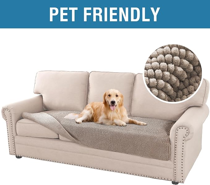 H.VERSAILTEX Plush Chenille Pet Couch Cover Thick Soft Sofa Cover for 3 Cushion Couch Anti Slip Couch Cover Furniture Protector for Dog, Pet, Cat (35" x 74", Taupe) - Image 2