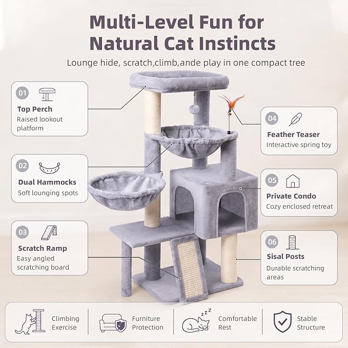 Cat Tree with Cat Condo and Two Hammocks, Cat Tree with Scratching Posts and Scratching Pads, Cat Tower for Indoor Cats, Activity Centre Climbing Tree with Playful Toy Balls, Grey - Image 6